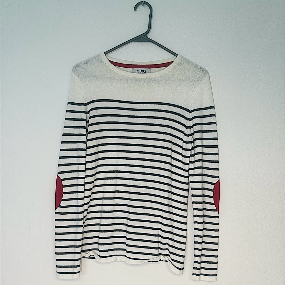 Pura Cashmere Breton Crew Navy & Cream Striped Sweater w/Red Heart Elbow Patches